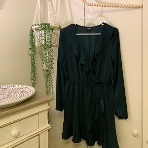 Express Emerald Green Satin Wrap Ruffle LS Dress